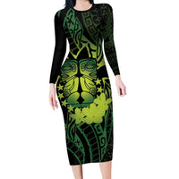 Kia Orana Kuki Airani Long Sleeve Bodycon Dress Cook Islands Tangaroa God Tatau Green