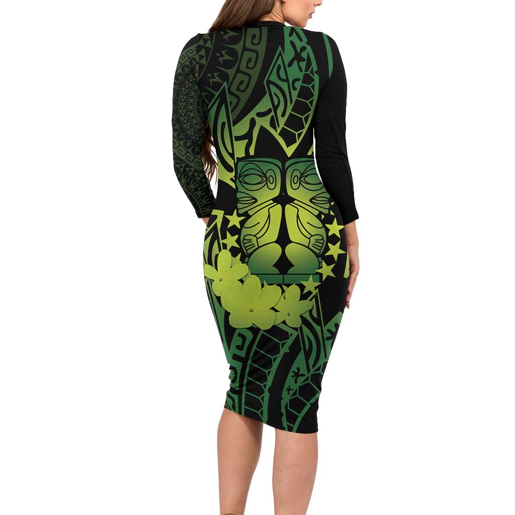 Kia Orana Kuki Airani Long Sleeve Bodycon Dress Cook Islands Tangaroa God Tatau Green