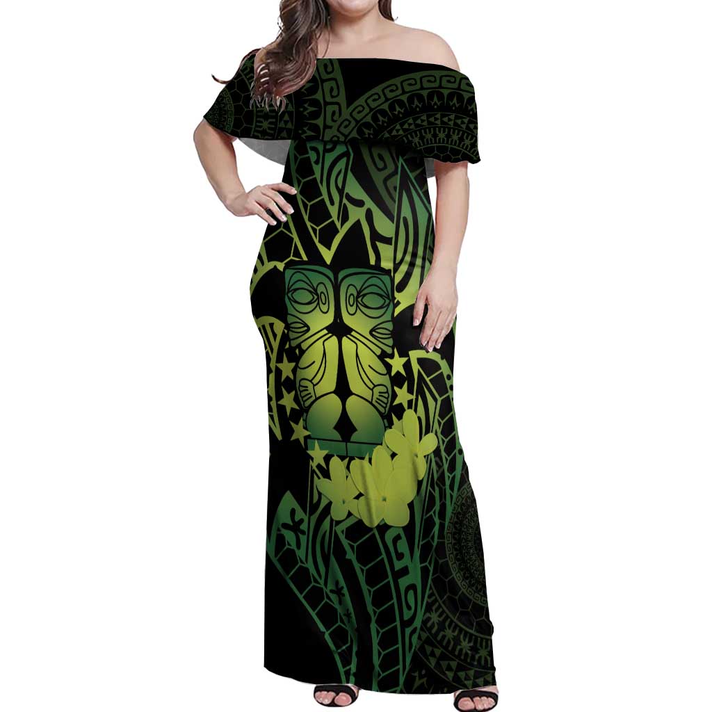 Kia Orana Kuki Airani Off Shoulder Maxi Dress Cook Islands Tangaroa God Tatau Green LT14 Women Green - Polynesian Pride