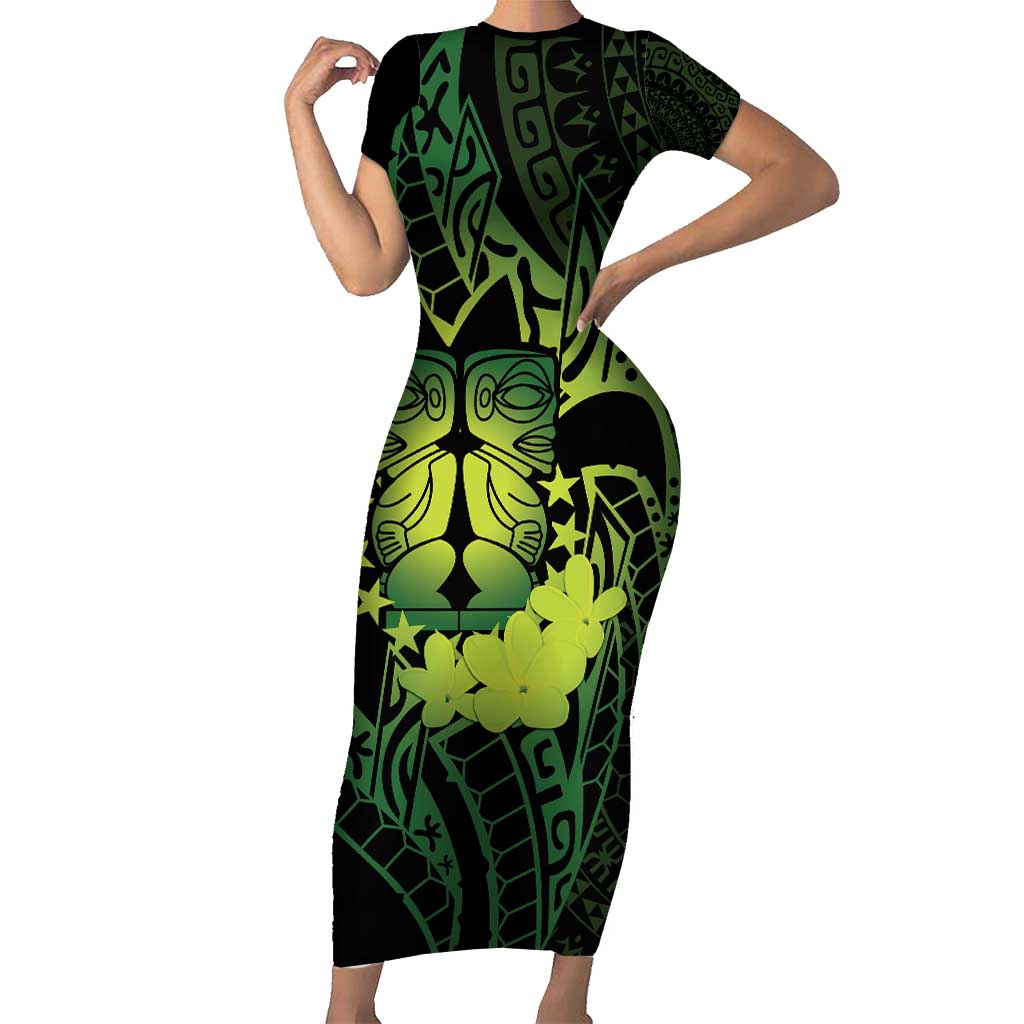 Kia Orana Kuki Airani Short Sleeve Bodycon Dress Cook Islands Tangaroa God Tatau Green