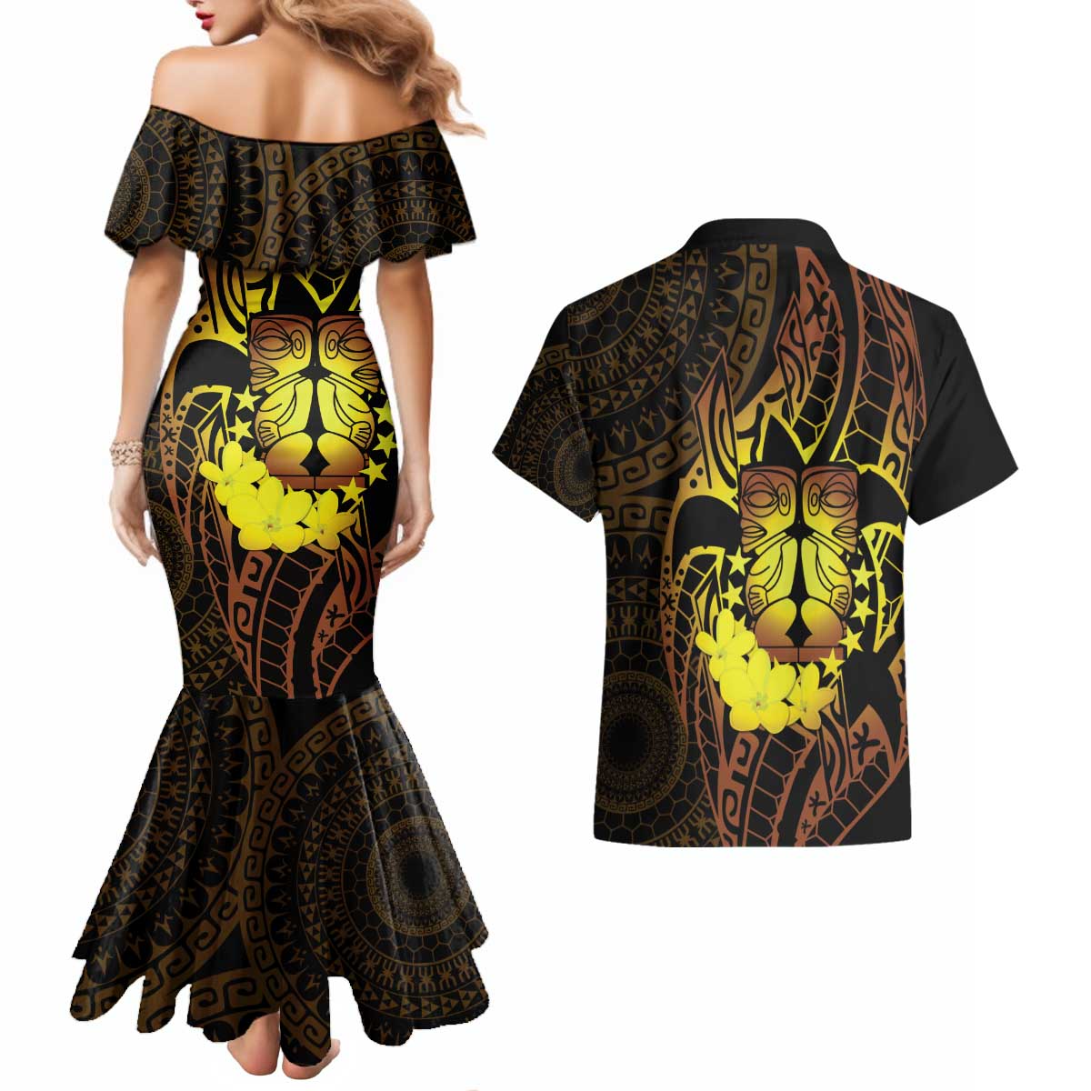 Kia Orana Kuki Airani Couples Matching Mermaid Dress and Hawaiian Shirt Cook Islands Tangaroa God Tatau Gold