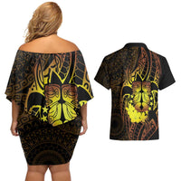 Kia Orana Kuki Airani Couples Matching Off Shoulder Short Dress and Hawaiian Shirt Cook Islands Tangaroa God Tatau Gold
