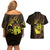 Kia Orana Kuki Airani Couples Matching Off Shoulder Short Dress and Hawaiian Shirt Cook Islands Tangaroa God Tatau Gold