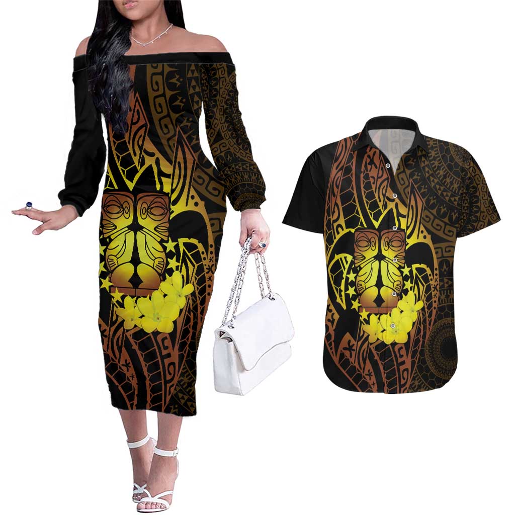 Kia Orana Kuki Airani Couples Matching Off The Shoulder Long Sleeve Dress and Hawaiian Shirt Cook Islands Tangaroa God Tatau Gold