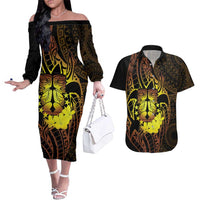 Kia Orana Kuki Airani Couples Matching Off The Shoulder Long Sleeve Dress and Hawaiian Shirt Cook Islands Tangaroa God Tatau Gold