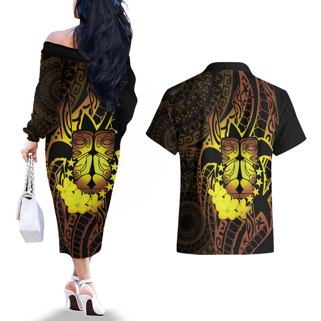 Kia Orana Kuki Airani Couples Matching Off The Shoulder Long Sleeve Dress and Hawaiian Shirt Cook Islands Tangaroa God Tatau Gold