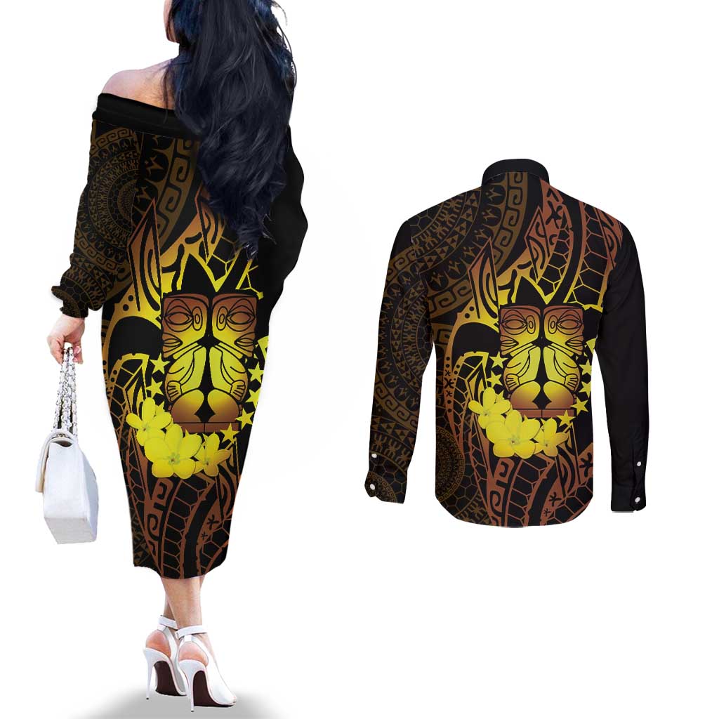 Kia Orana Kuki Airani Couples Matching Off The Shoulder Long Sleeve Dress and Long Sleeve Button Shirt Cook Islands Tangaroa God Tatau Gold