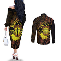 Kia Orana Kuki Airani Couples Matching Off The Shoulder Long Sleeve Dress and Long Sleeve Button Shirt Cook Islands Tangaroa God Tatau Gold