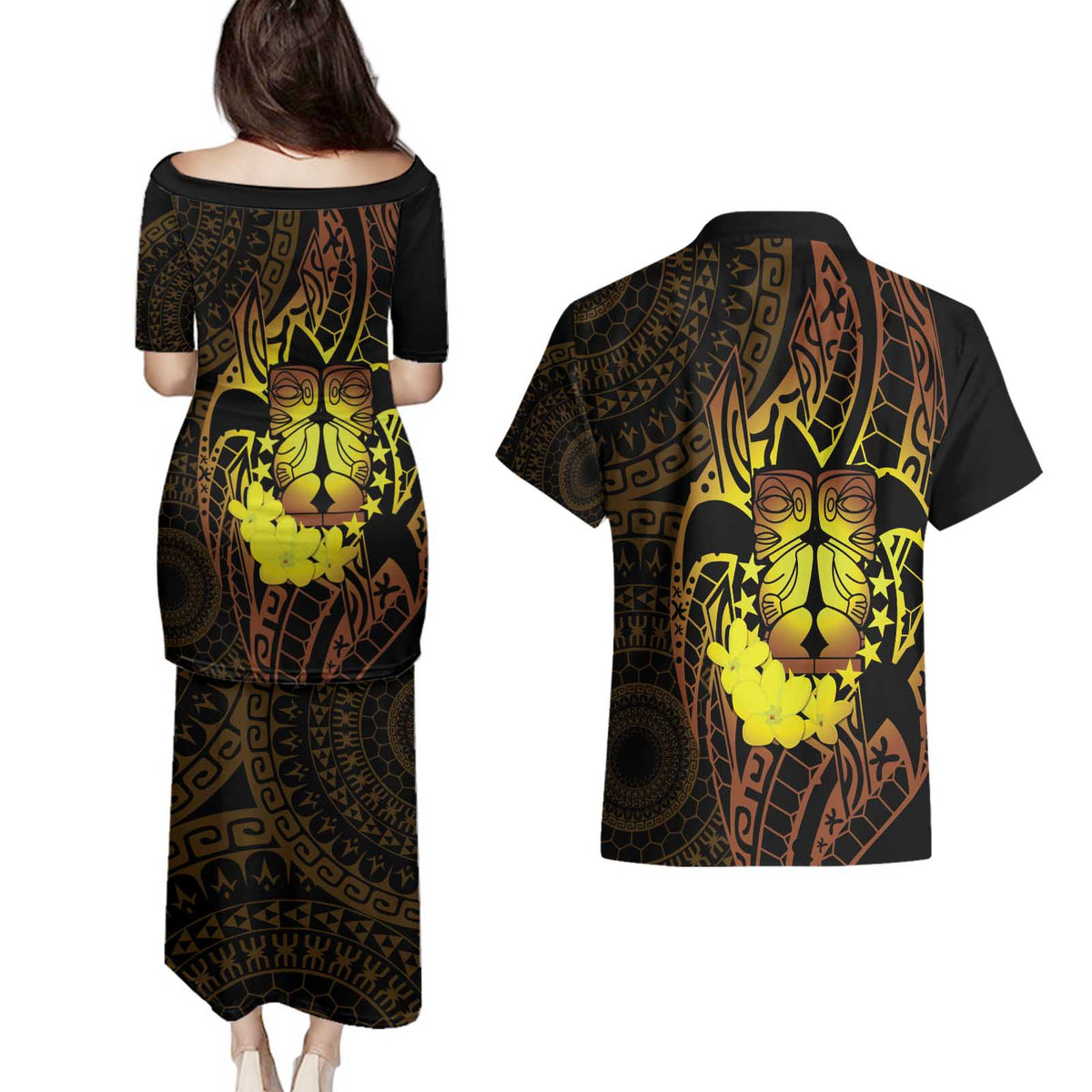 Kia Orana Kuki Airani Couples Matching Puletasi and Hawaiian Shirt Cook Islands Tangaroa God Tatau Gold