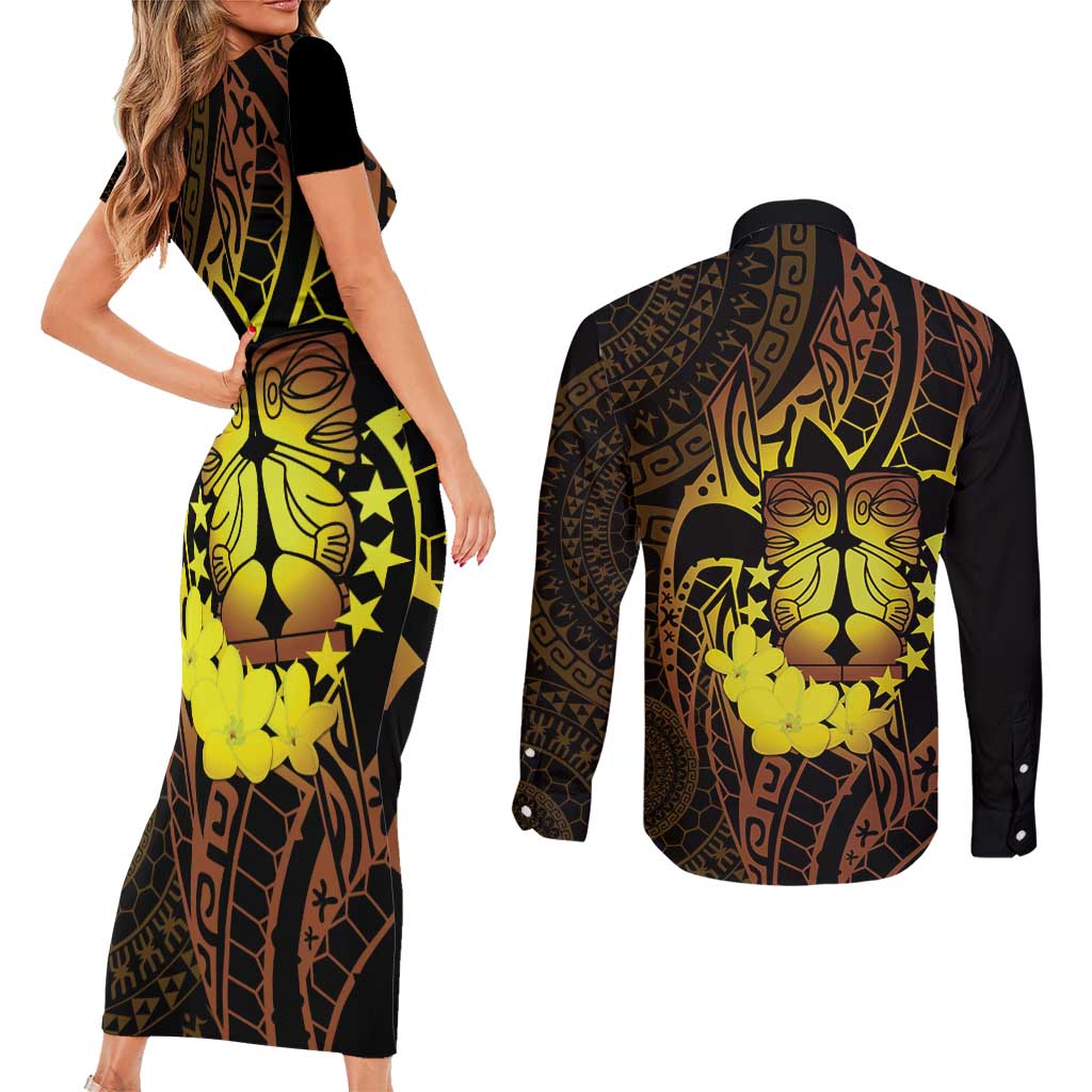Kia Orana Kuki Airani Couples Matching Short Sleeve Bodycon Dress and Long Sleeve Button Shirt Cook Islands Tangaroa God Tatau Gold