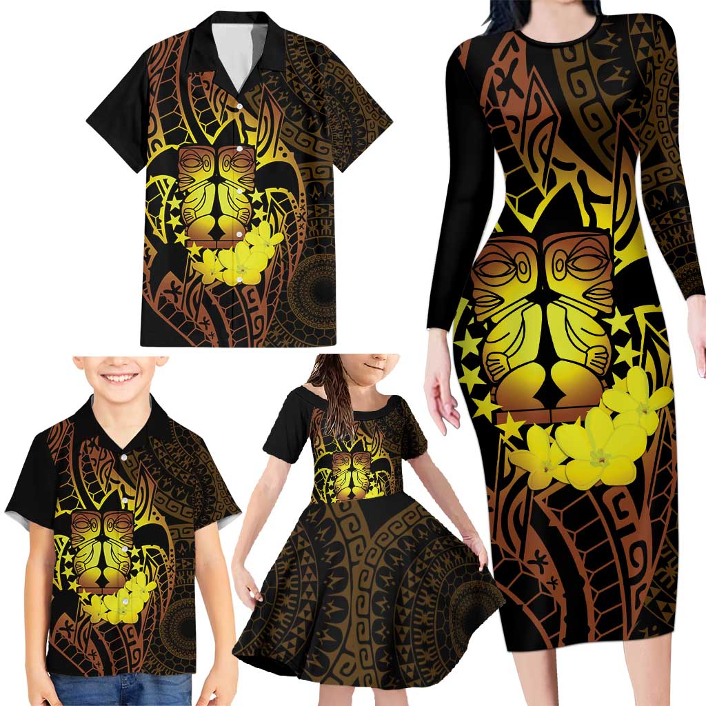 Kia Orana Kuki Airani Family Matching Long Sleeve Bodycon Dress and Hawaiian Shirt Cook Islands Tangaroa God Tatau Gold LT14 - Polynesian Pride