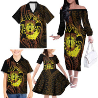 Kia Orana Kuki Airani Family Matching Off The Shoulder Long Sleeve Dress and Hawaiian Shirt Cook Islands Tangaroa God Tatau Gold