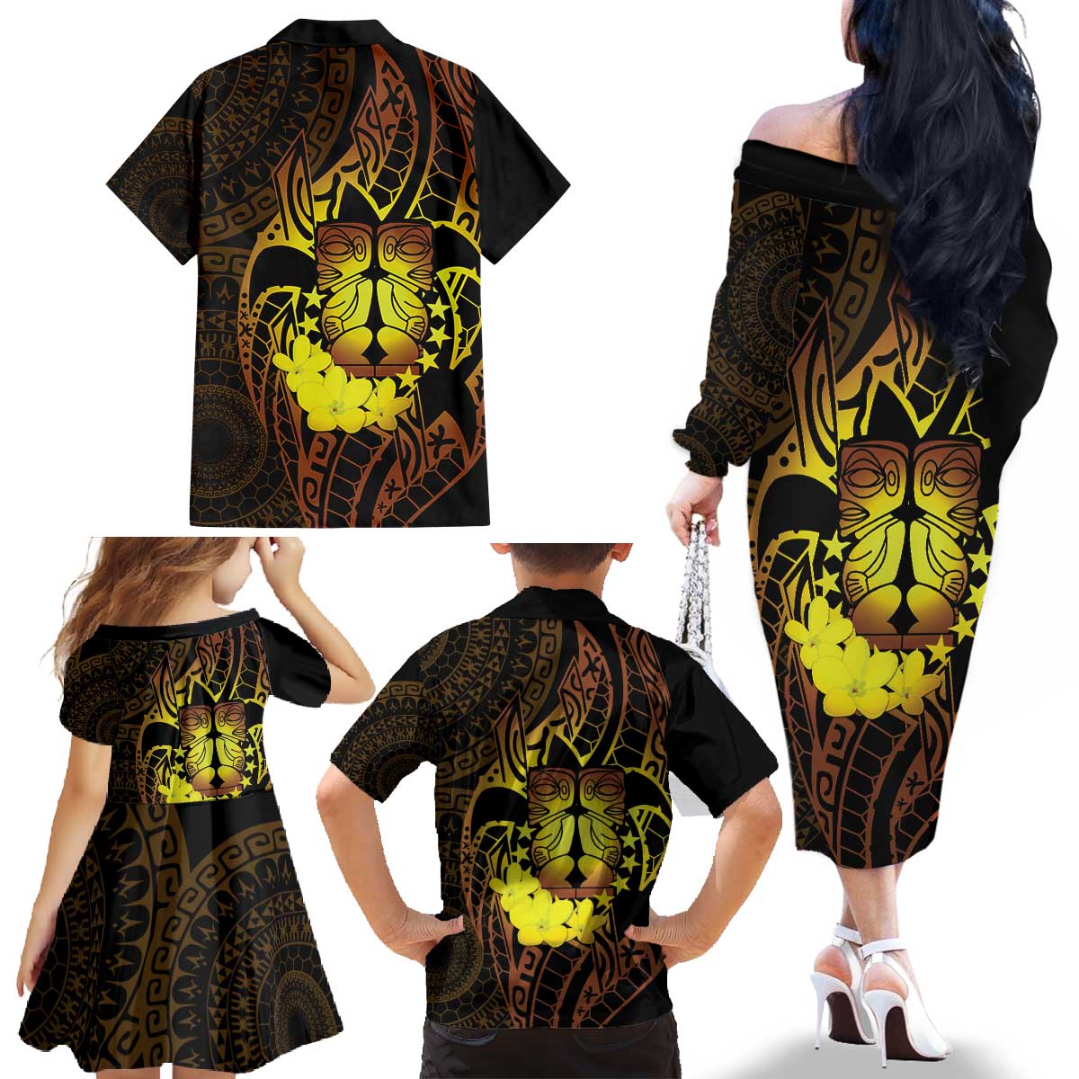Kia Orana Kuki Airani Family Matching Off The Shoulder Long Sleeve Dress and Hawaiian Shirt Cook Islands Tangaroa God Tatau Gold