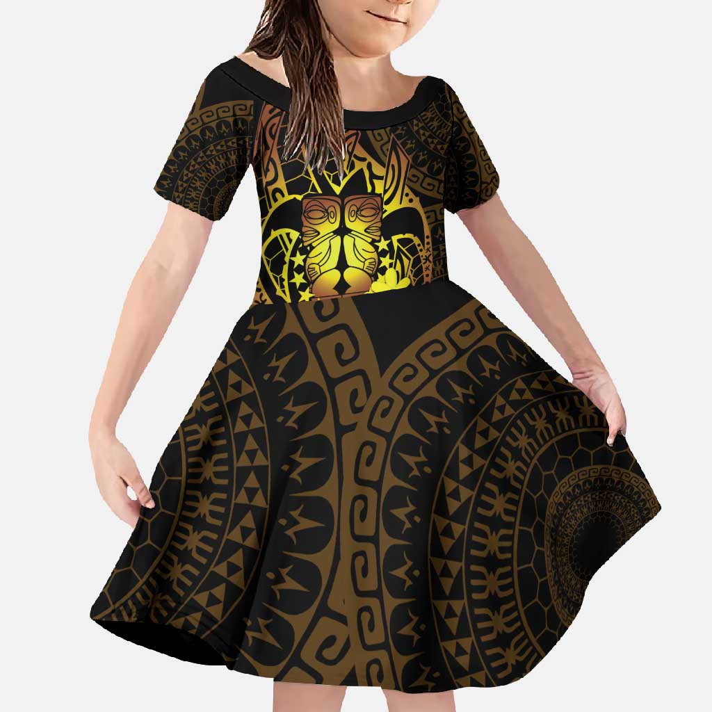 Kia Orana Kuki Airani Family Matching Off Shoulder Maxi Dress and Hawaiian Shirt Cook Islands Tangaroa God Tatau Gold