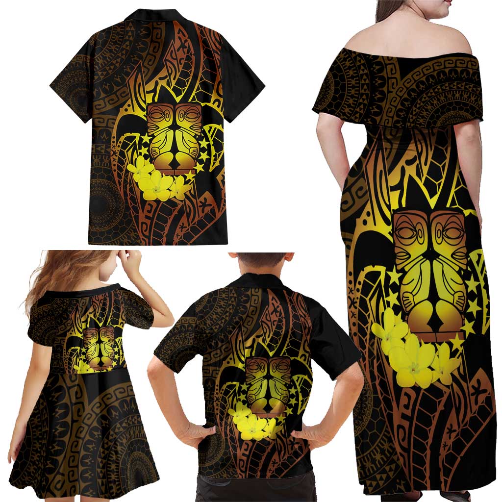 Kia Orana Kuki Airani Family Matching Off Shoulder Maxi Dress and Hawaiian Shirt Cook Islands Tangaroa God Tatau Gold