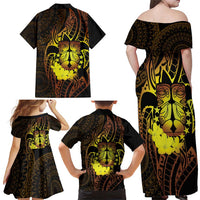 Kia Orana Kuki Airani Family Matching Off Shoulder Maxi Dress and Hawaiian Shirt Cook Islands Tangaroa God Tatau Gold