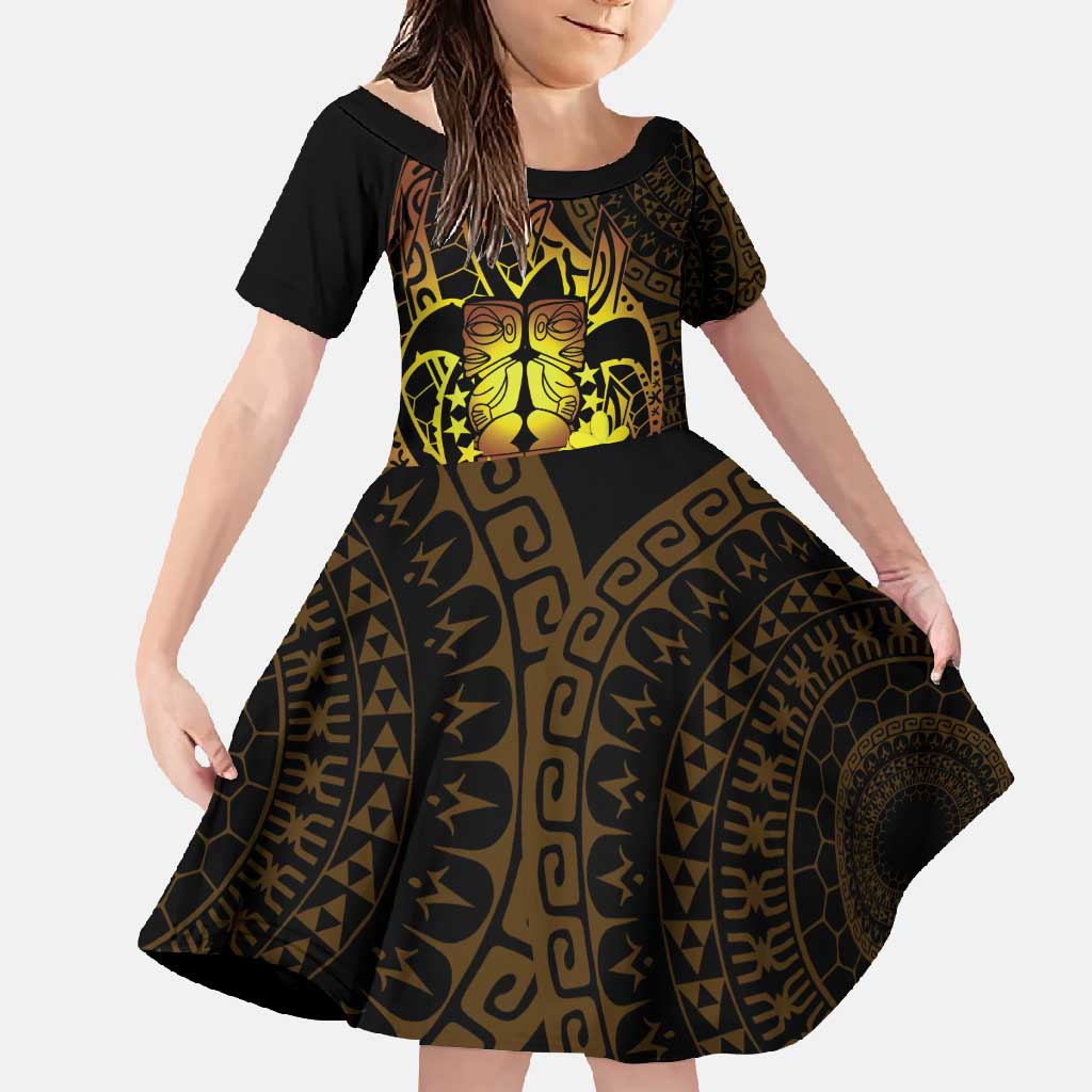 Kia Orana Kuki Airani Family Matching Short Sleeve Bodycon Dress and Hawaiian Shirt Cook Islands Tangaroa God Tatau Gold