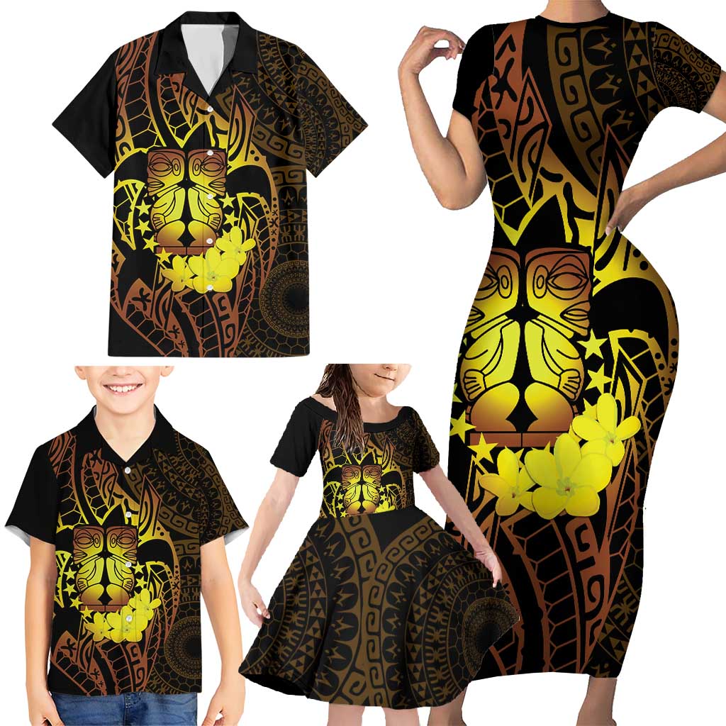 Kia Orana Kuki Airani Family Matching Short Sleeve Bodycon Dress and Hawaiian Shirt Cook Islands Tangaroa God Tatau Gold LT14 - Polynesian Pride