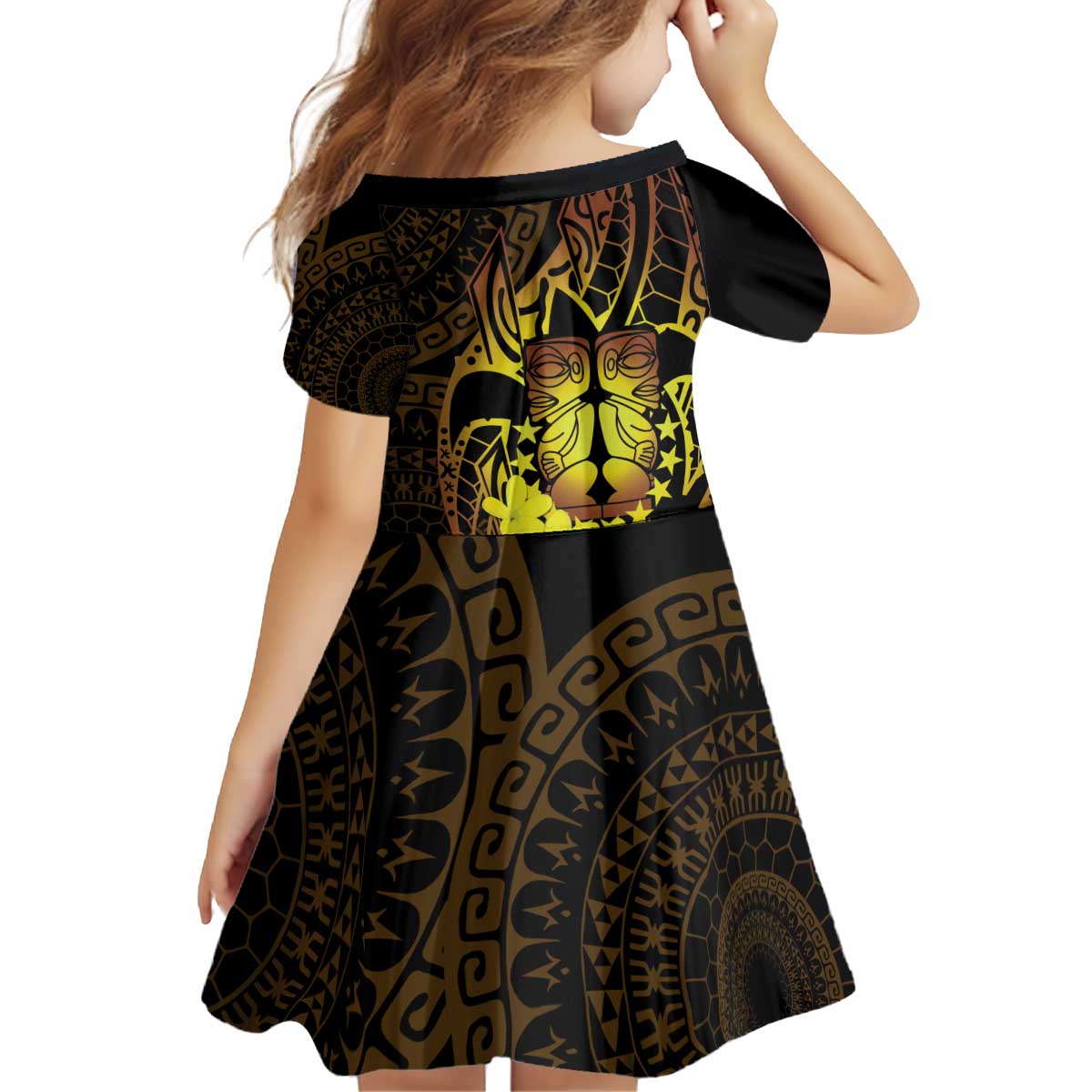 Kia Orana Kuki Airani Kid Short Sleeve Dress Cook Islands Tangaroa God Tatau Gold