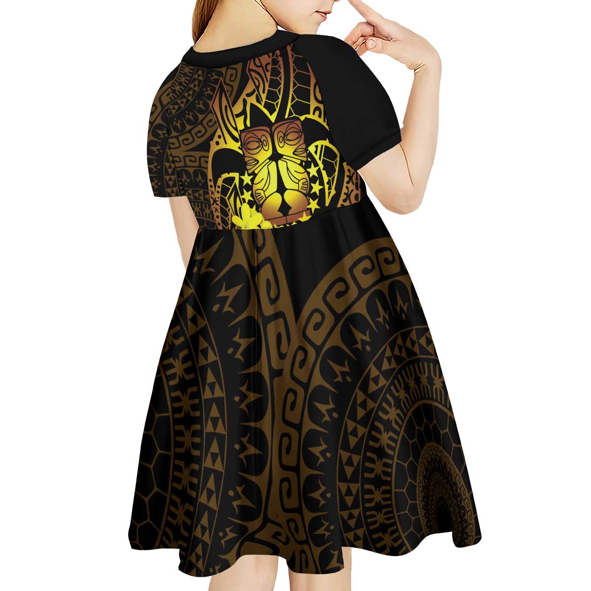 Kia Orana Kuki Airani Kid Short Sleeve Dress Cook Islands Tangaroa God Tatau Gold
