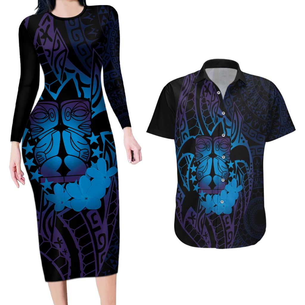 Kia Orana Kuki Airani Couples Matching Long Sleeve Bodycon Dress and Hawaiian Shirt Cook Islands Tangaroa God Tatau Purple LT14 Purple - Polynesian Pride