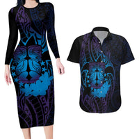 Kia Orana Kuki Airani Couples Matching Long Sleeve Bodycon Dress and Hawaiian Shirt Cook Islands Tangaroa God Tatau Purple