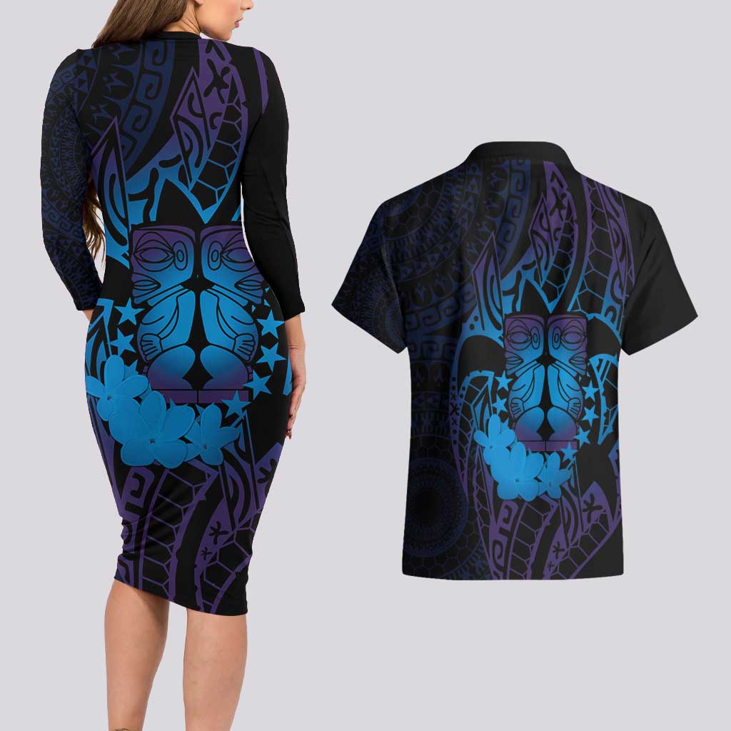 Kia Orana Kuki Airani Couples Matching Long Sleeve Bodycon Dress and Hawaiian Shirt Cook Islands Tangaroa God Tatau Purple