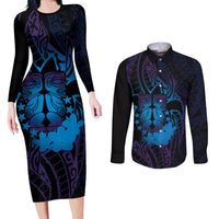 Kia Orana Kuki Airani Couples Matching Long Sleeve Bodycon Dress and Long Sleeve Button Shirt Cook Islands Tangaroa God Tatau Purple