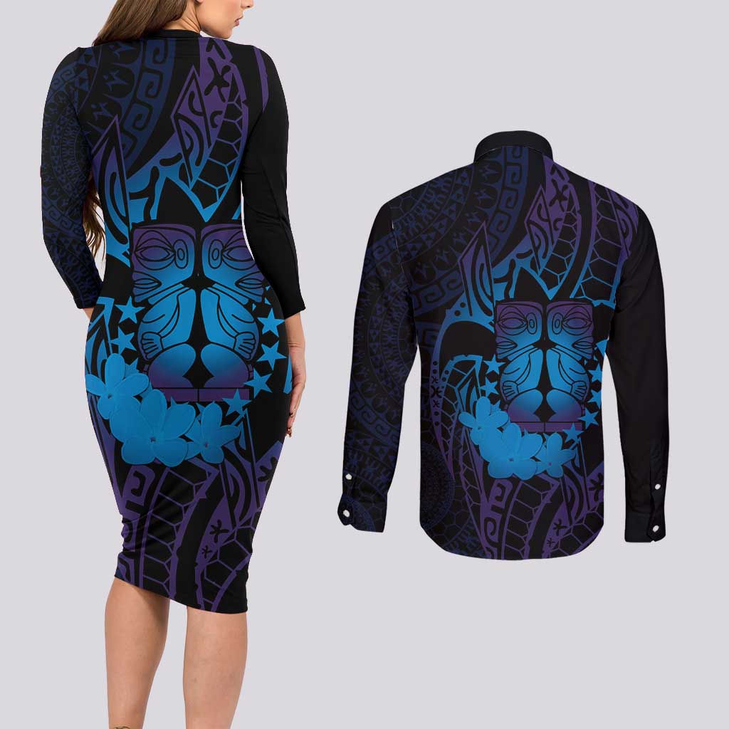 Kia Orana Kuki Airani Couples Matching Long Sleeve Bodycon Dress and Long Sleeve Button Shirt Cook Islands Tangaroa God Tatau Purple