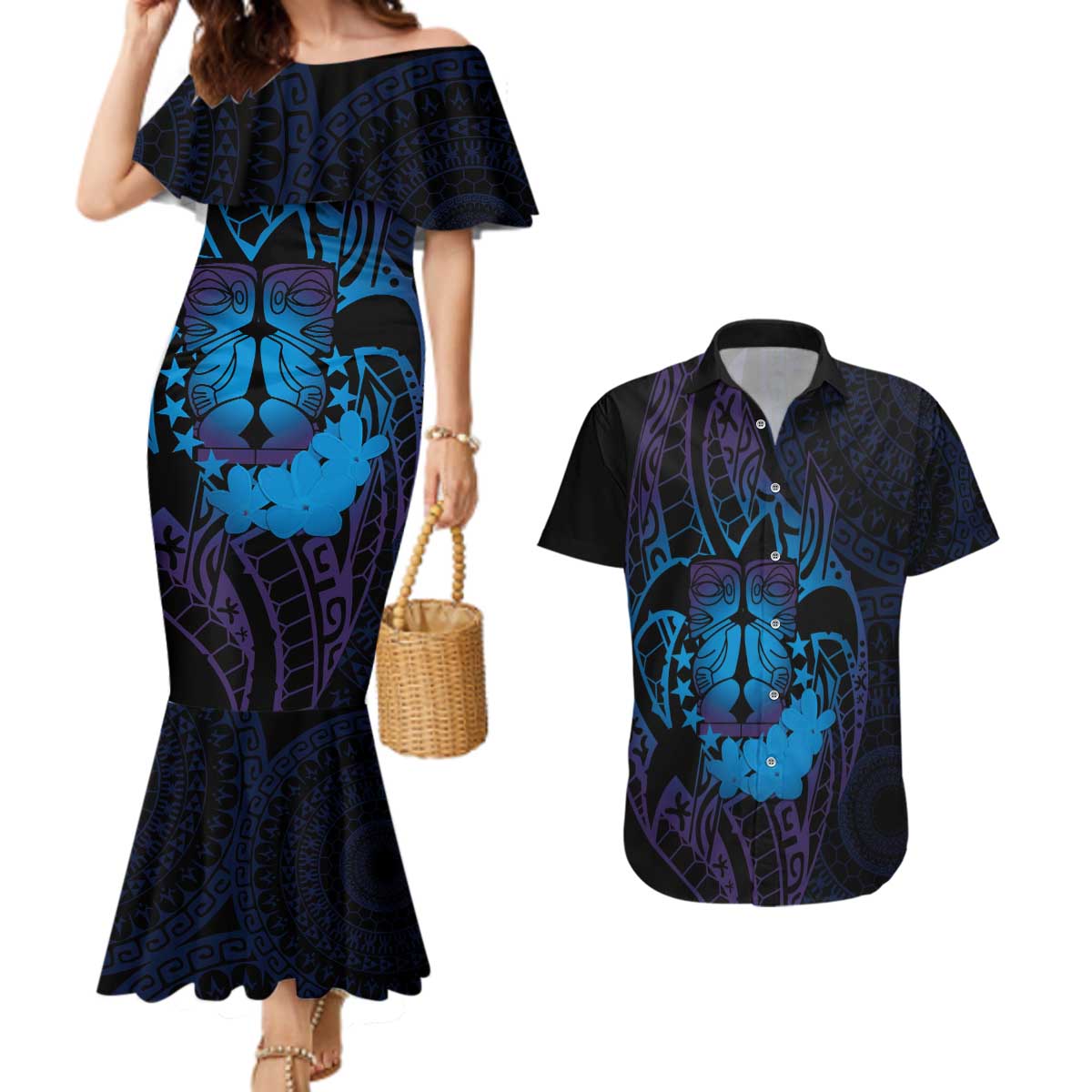 Kia Orana Kuki Airani Couples Matching Mermaid Dress and Hawaiian Shirt Cook Islands Tangaroa God Tatau Purple