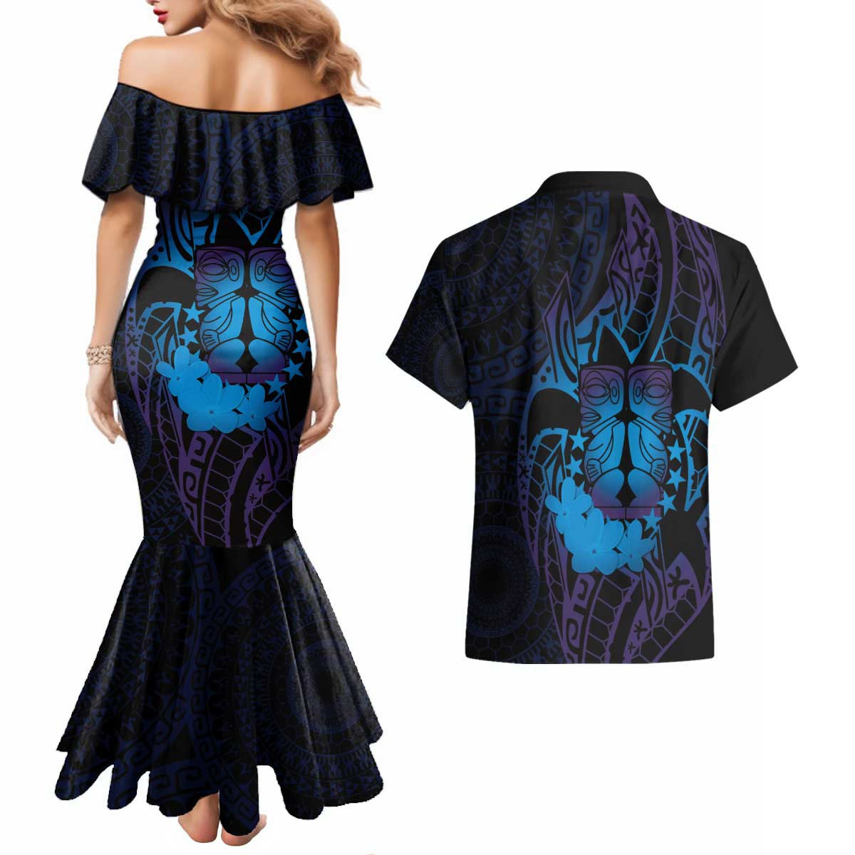 Kia Orana Kuki Airani Couples Matching Mermaid Dress and Hawaiian Shirt Cook Islands Tangaroa God Tatau Purple