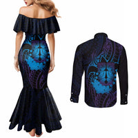 Kia Orana Kuki Airani Couples Matching Mermaid Dress and Long Sleeve Button Shirt Cook Islands Tangaroa God Tatau Purple