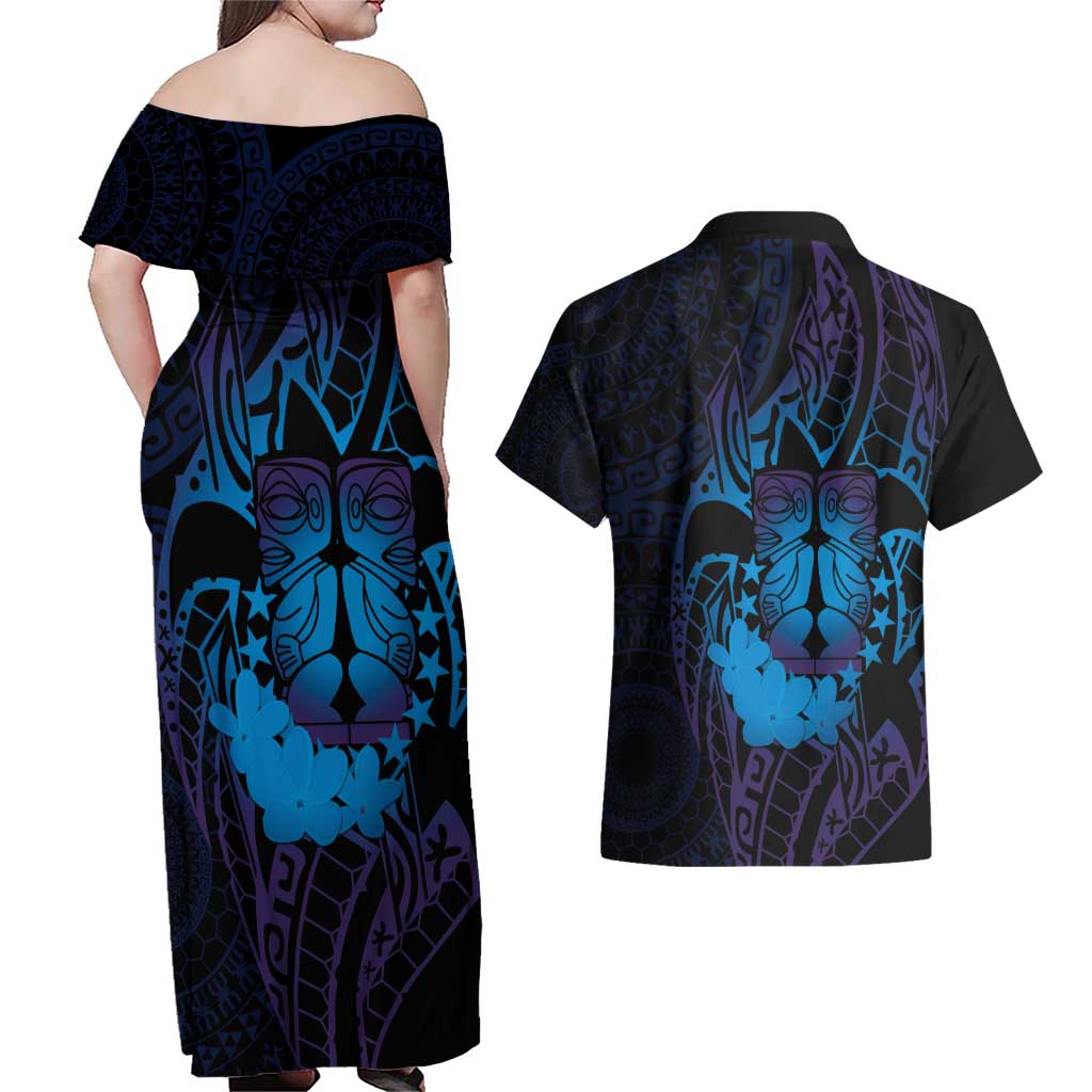 Kia Orana Kuki Airani Couples Matching Off Shoulder Maxi Dress and Hawaiian Shirt Cook Islands Tangaroa God Tatau Purple