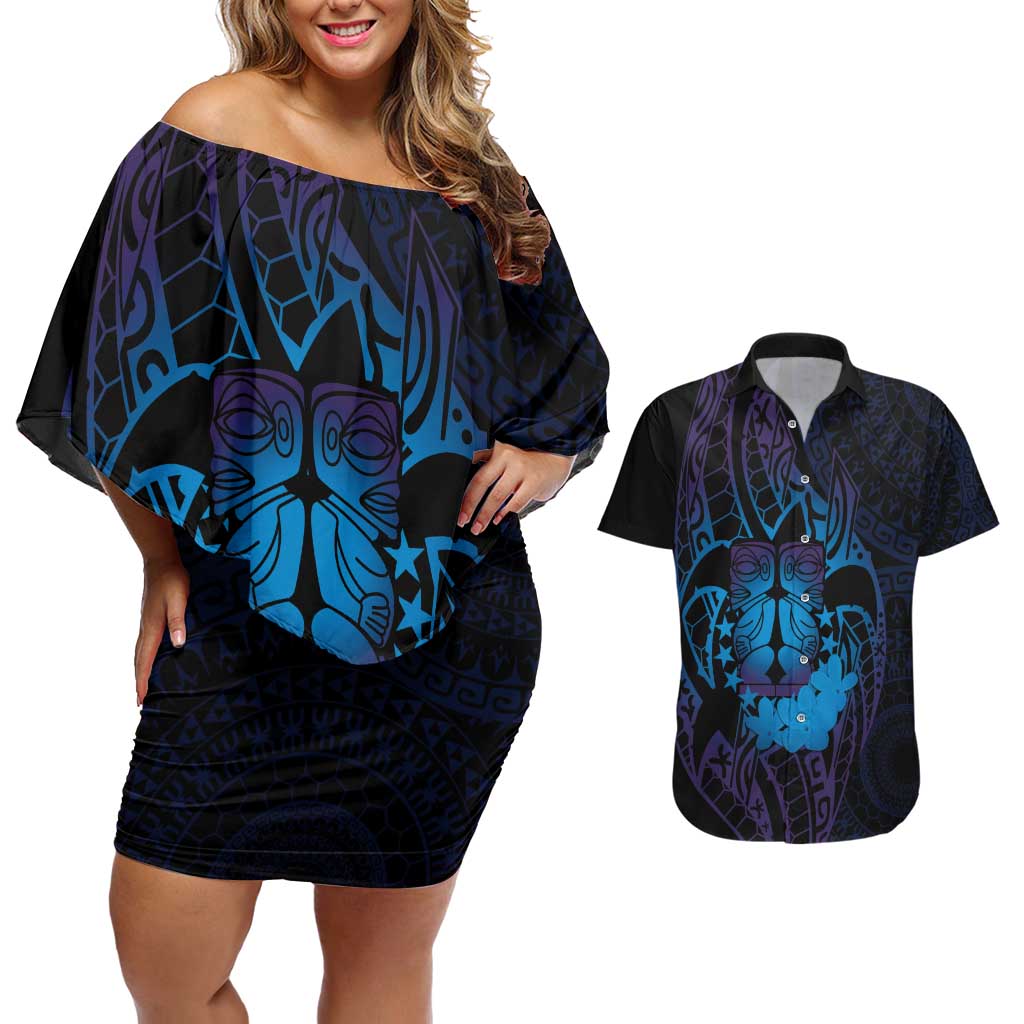 Kia Orana Kuki Airani Couples Matching Off Shoulder Short Dress and Hawaiian Shirt Cook Islands Tangaroa God Tatau Purple LT14 Purple - Polynesian Pride