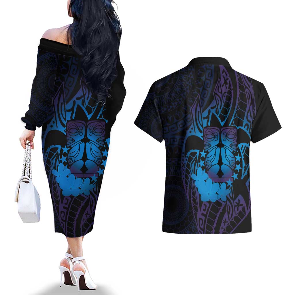 Kia Orana Kuki Airani Couples Matching Off The Shoulder Long Sleeve Dress and Hawaiian Shirt Cook Islands Tangaroa God Tatau Purple