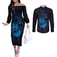 Kia Orana Kuki Airani Couples Matching Off The Shoulder Long Sleeve Dress and Long Sleeve Button Shirt Cook Islands Tangaroa God Tatau Purple