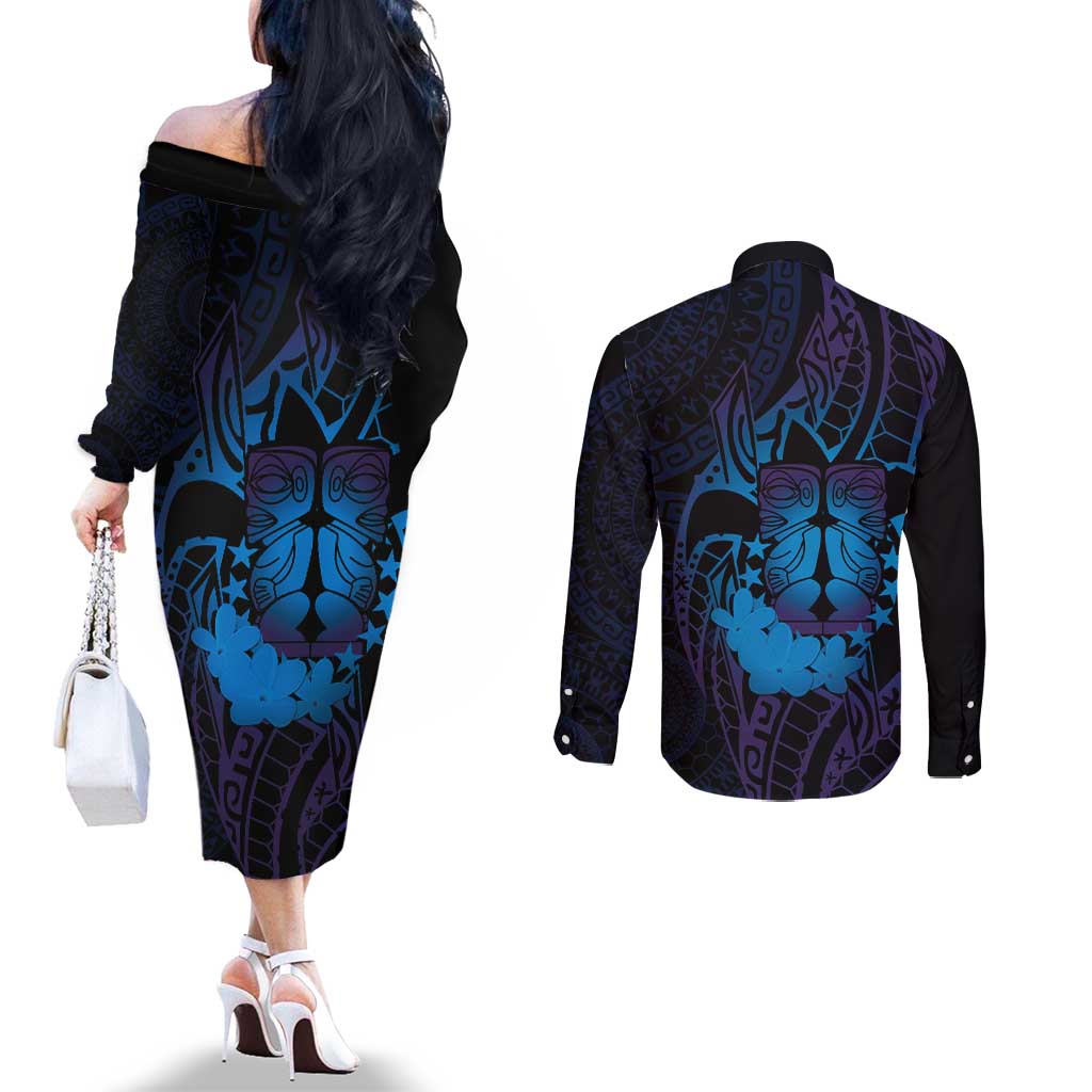 Kia Orana Kuki Airani Couples Matching Off The Shoulder Long Sleeve Dress and Long Sleeve Button Shirt Cook Islands Tangaroa God Tatau Purple