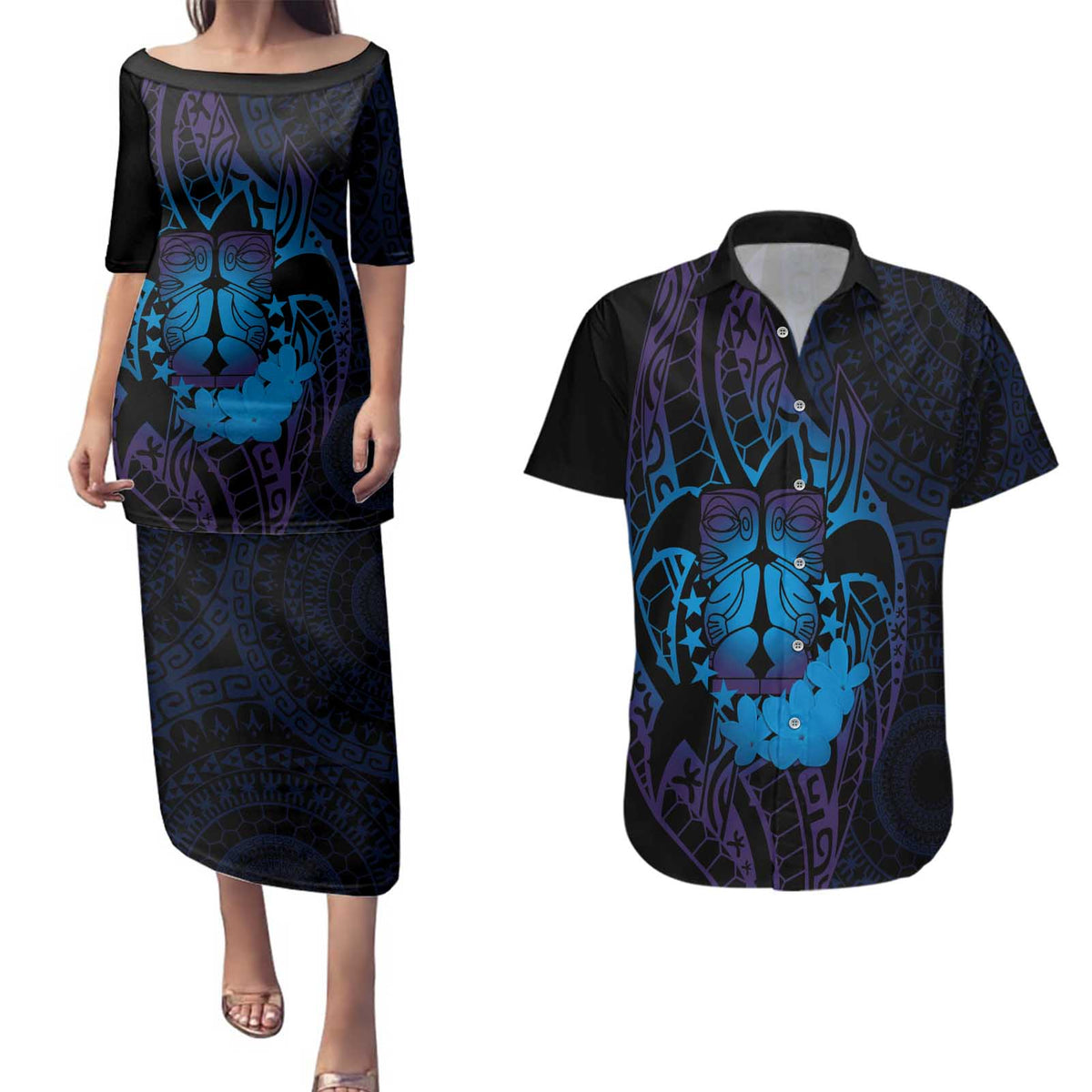 Kia Orana Kuki Airani Couples Matching Puletasi and Hawaiian Shirt Cook Islands Tangaroa God Tatau Purple
