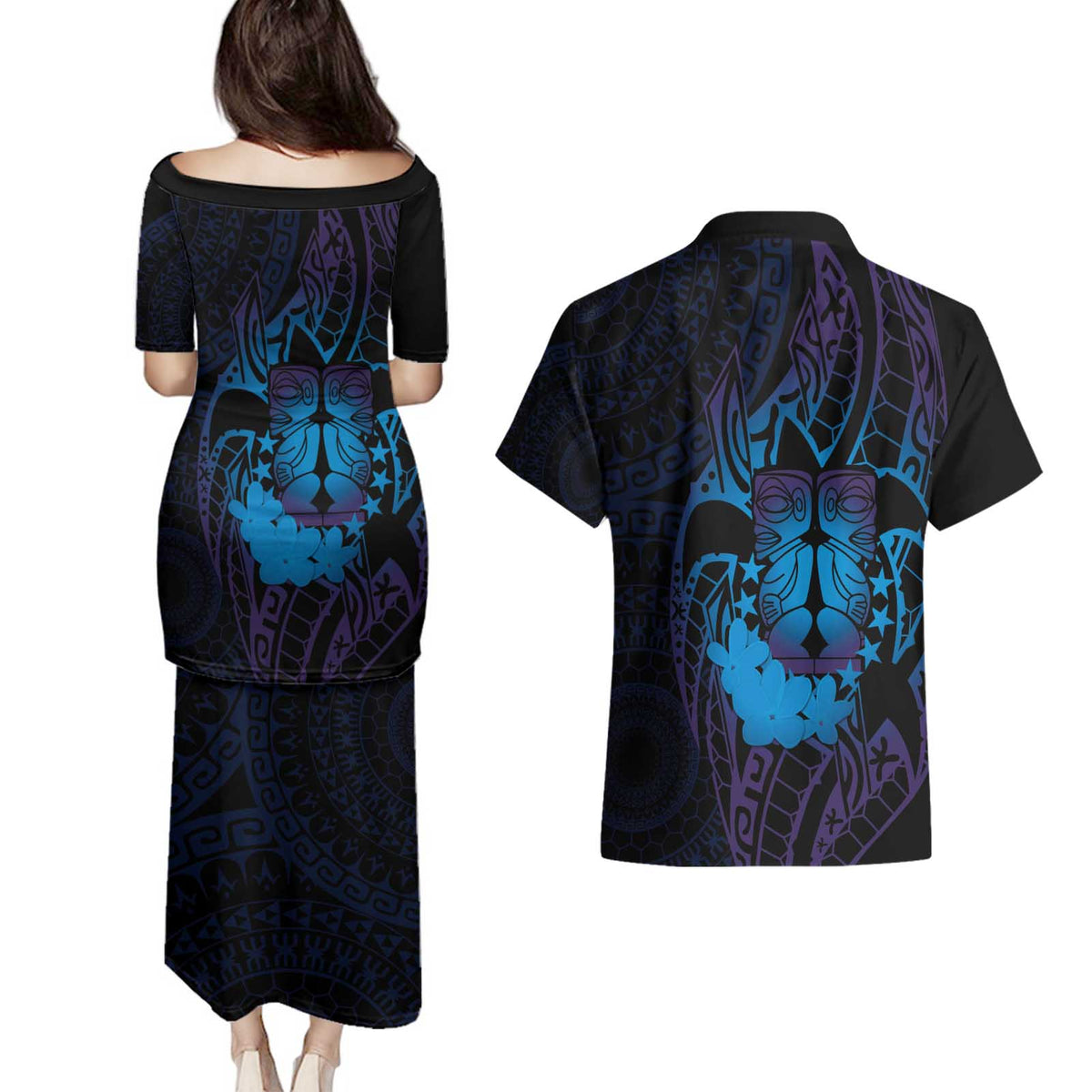 Kia Orana Kuki Airani Couples Matching Puletasi and Hawaiian Shirt Cook Islands Tangaroa God Tatau Purple