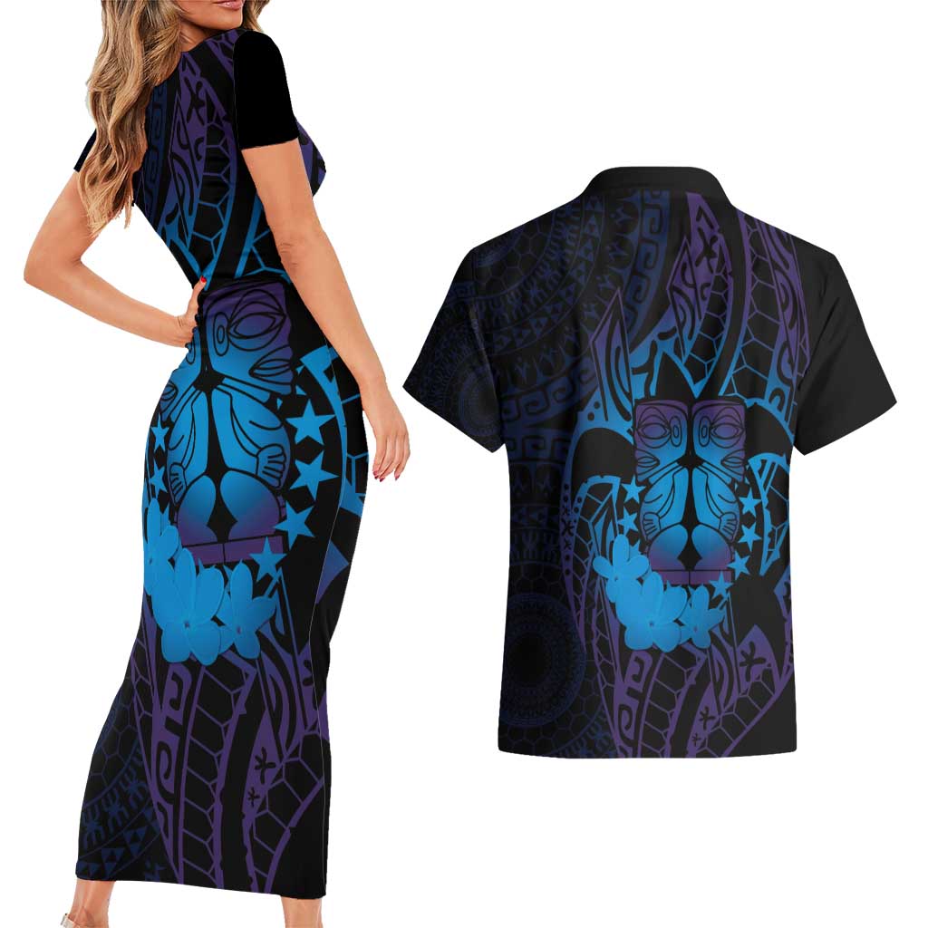 Kia Orana Kuki Airani Couples Matching Short Sleeve Bodycon Dress and Hawaiian Shirt Cook Islands Tangaroa God Tatau Purple