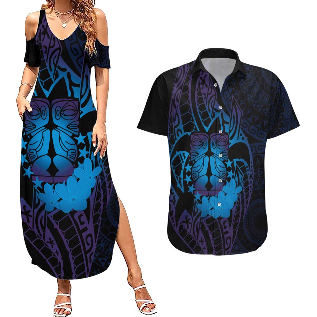 Kia Orana Kuki Airani Couples Matching Summer Maxi Dress and Hawaiian Shirt Cook Islands Tangaroa God Tatau Purple
