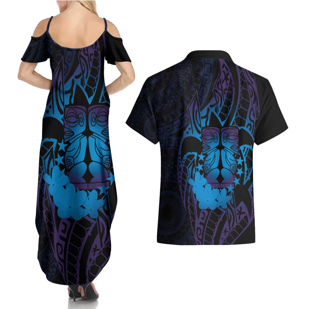 Kia Orana Kuki Airani Couples Matching Summer Maxi Dress and Hawaiian Shirt Cook Islands Tangaroa God Tatau Purple