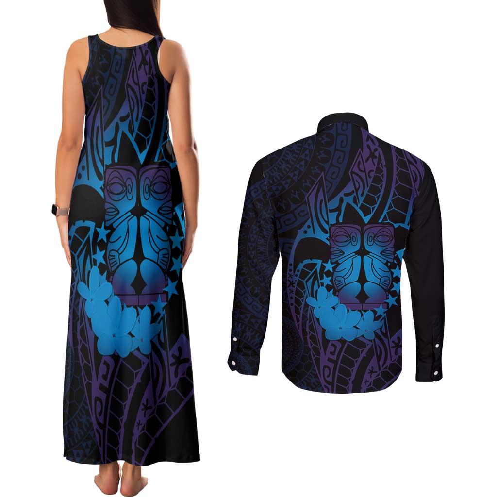Kia Orana Kuki Airani Couples Matching Tank Maxi Dress and Long Sleeve Button Shirt Cook Islands Tangaroa God Tatau Purple