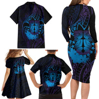 Kia Orana Kuki Airani Family Matching Long Sleeve Bodycon Dress and Hawaiian Shirt Cook Islands Tangaroa God Tatau Purple