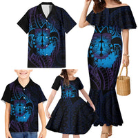 Kia Orana Kuki Airani Family Matching Mermaid Dress and Hawaiian Shirt Cook Islands Tangaroa God Tatau Purple
