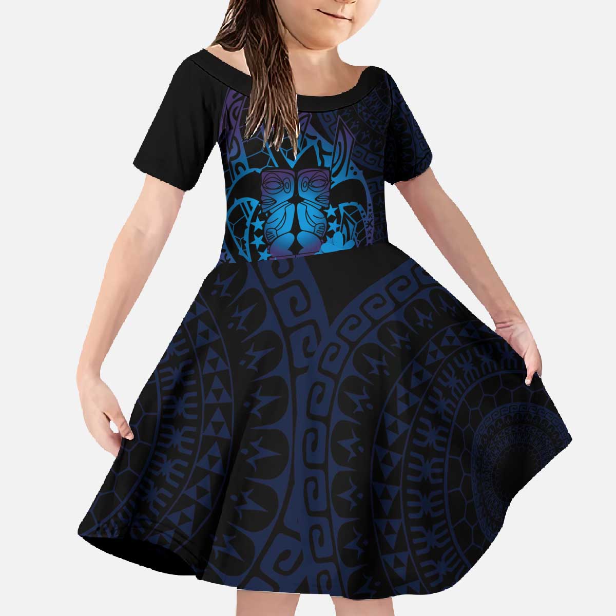 Kia Orana Kuki Airani Family Matching Off The Shoulder Long Sleeve Dress and Hawaiian Shirt Cook Islands Tangaroa God Tatau Purple