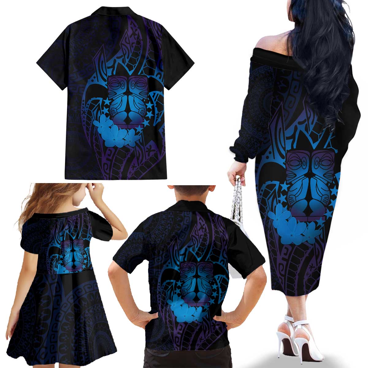 Kia Orana Kuki Airani Family Matching Off The Shoulder Long Sleeve Dress and Hawaiian Shirt Cook Islands Tangaroa God Tatau Purple