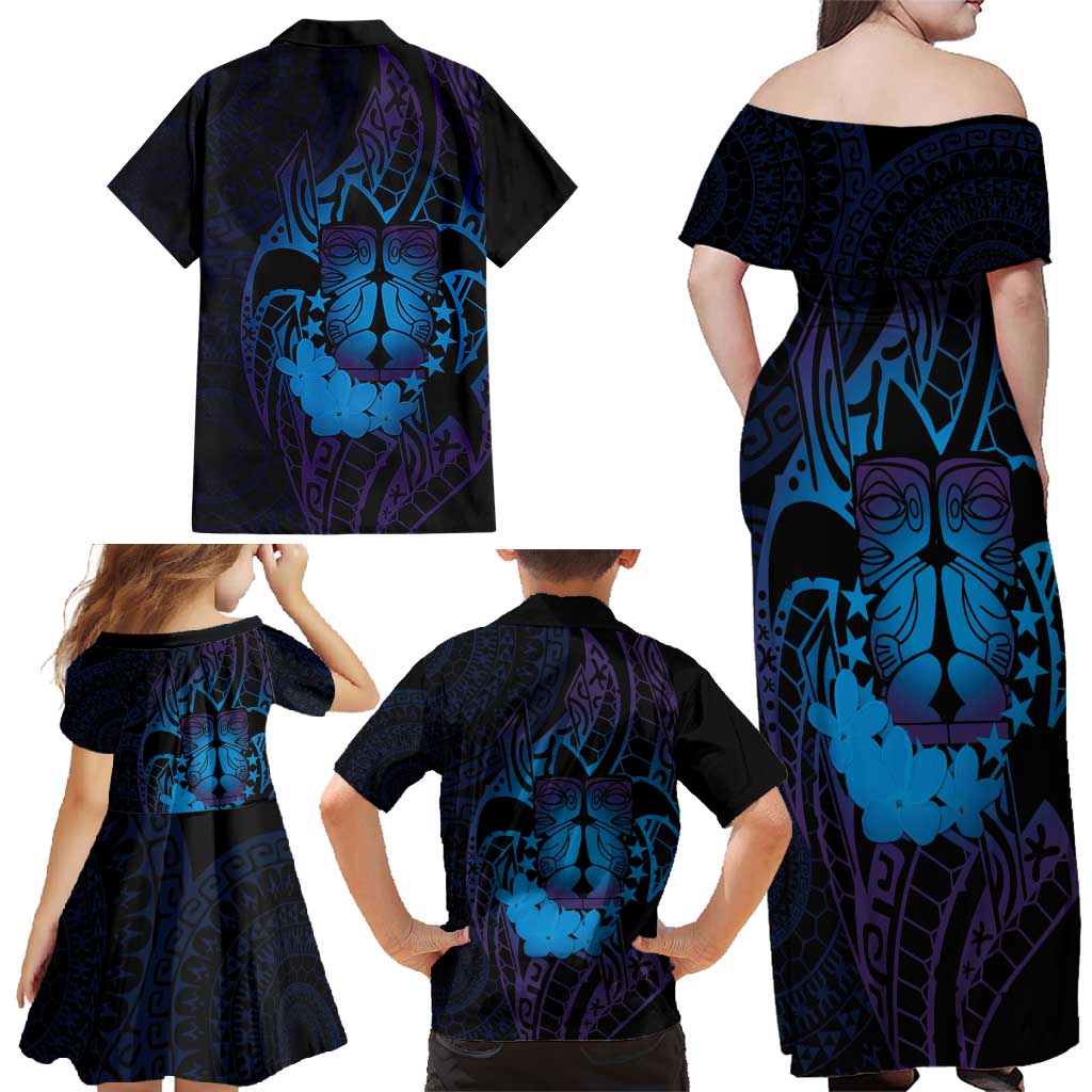 Kia Orana Kuki Airani Family Matching Off Shoulder Maxi Dress and Hawaiian Shirt Cook Islands Tangaroa God Tatau Purple