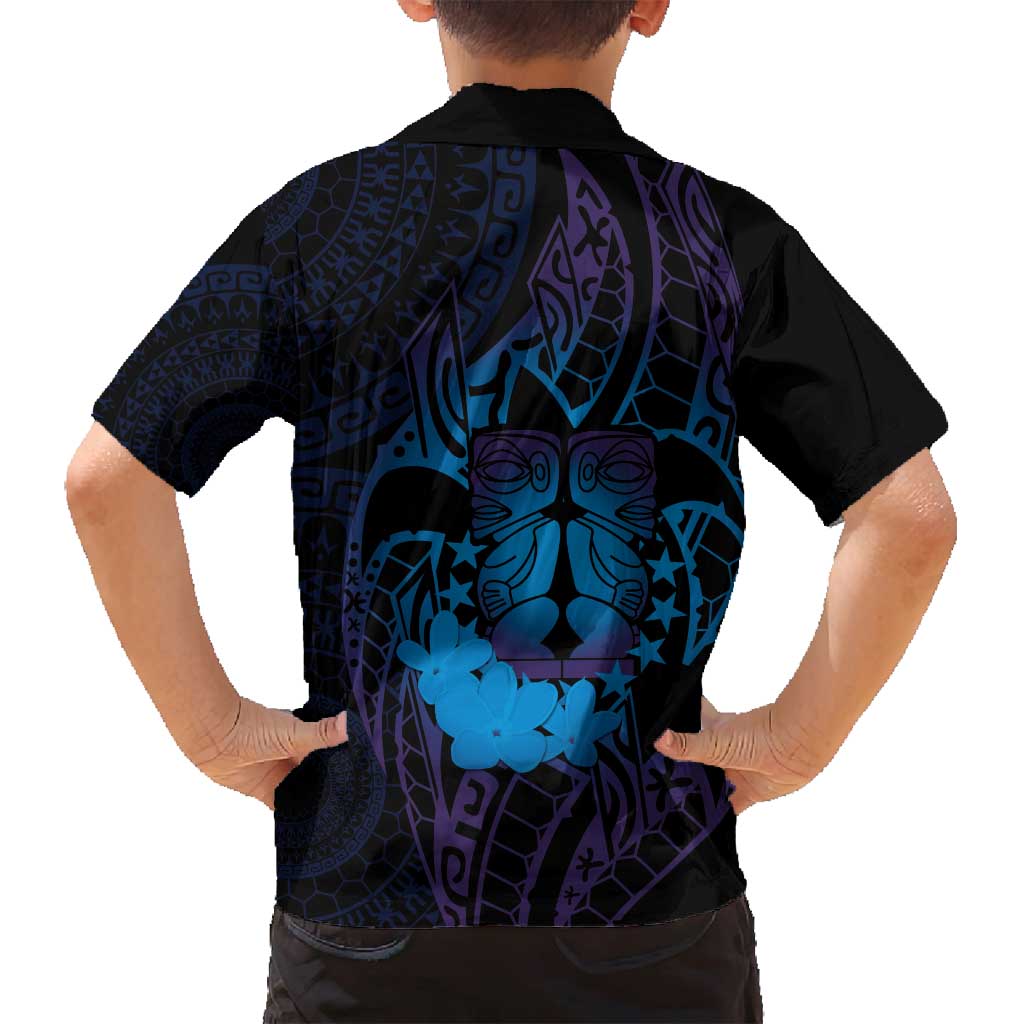 Kia Orana Kuki Airani Family Matching Off Shoulder Short Dress and Hawaiian Shirt Cook Islands Tangaroa God Tatau Purple