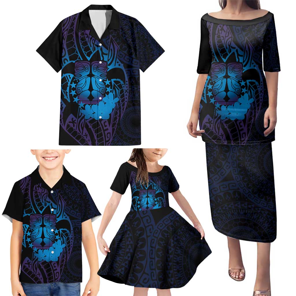 Kia Orana Kuki Airani Family Matching Puletasi and Hawaiian Shirt Cook Islands Tangaroa God Tatau Purple LT14 - Polynesian Pride